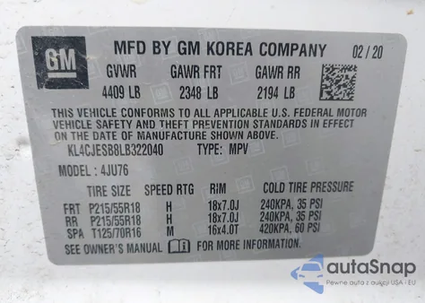 2020 Buick Encore Awd Preferred z USA, uszkodzony, nr VIN KL4CJESB8LB322040